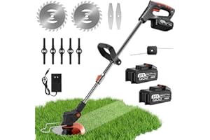 Qawner Débroussailleuse Electrique sans Fil, Coupe Bordure sans Fil avec Batterie, 3 Types De Lames, Débroussailleuse Batterie, Réglable en Hauteur, Léger, pour Jardin Élagage (2 Batteries)