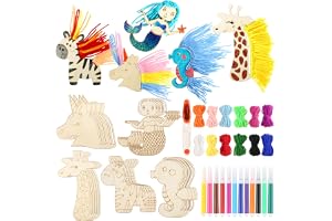 CAMETNG 45 stycken trädjur pysselset, träpysselset med 12 penslar, 12 trådar garn och sax, hantverk träfigurer för målning, g