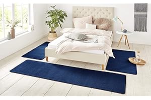 Hanse Home Nasty Alfombra para Borde de la Cama, 3 Piezas, Alfombra de Cama de Pelo Corto, Monocolor, Juego de Corredores para habitación de los niños, Dormitorio, Azul Oscuro, 2 x 70 x 140 cm y 1 x
