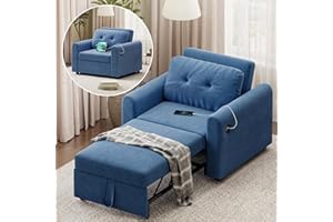 Hello-5ive Sofa Bed, 3 in 1 Convertible Single Sofa Bed with USB & Type-C Ports, Pull Out Linen Single Sleeper Chair with Pocket and Adjustable Backrest for Living Room, Blue