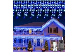 PBGMRT Tenda Luci Natale Esterno Cascata - 10M Catena Luminosa Esterno Blu e Bianco fredda con Telecomando Timer IP44 Impermeabili 8 Modalità Decorazioni Natalizie Luci Natale Esterno Cascata Balcone Casa