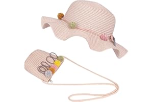 FT-SHOP Sombrero de Paja Niñas Gorra de Sol Chica y Bolsillo Set con Decoracion de Flores Gorro de Playa para Viaje Beach Piscina al Aire Libre