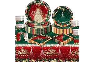 FORFAMY Vaisselle de Noël Ensemble, Assiettes Fête de Noël Décorations Table de Noel Assiettes en Papier Joyeux Noël d'anniversaire Accessoires Gobelets Serviettes Nappe Dessin Merry Christmas 24 Invités