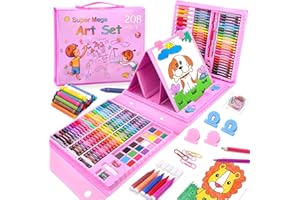laoonl Drawing Kit 208Pcs, Kids Colouring Sets for Children Age 6-12, Art Supplies with Painting Cards and Watercolour Drawing Colouring Pencils for Artists Teens Girls Boys, Pink