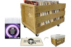 Retro Musique Cassetta di stoccaggio per dischi in vinile in legno da 12" su ruote Può contenere fino a 100 album con copertura in tessuto assiano include 50 maniche esterne LP (Finitura Teak)
