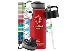 Trinkflasche Edelstahl ACTIVE FLASK + Strohhalm (3 Deckel) BPA-frei, Auslaufsicher, Kohlensäure geeignet - Wasserflasche Fahrrad Thermosflasche Isoliert Isolierflasche Sport Wasser Flasche Kinder Tee