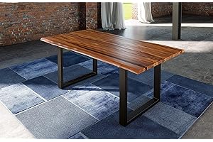BETT11 SAM B-Ware Esszimmertisch 140 x 80 cm Branwen, Baumkantentisch cognacfarben, Akazienholz massiv, U-Gestell aus Metall Schwarz, Geteilte & aufgedoppelte Platte 30 mm