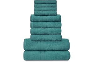 GC GAVENO CAVAILIA Towels Lot de 10 Serviettes de Bain 100% Coton égyptien, 4 Visage, 4 Mains, 2 Serviettes de Bain, de qualité supérieure, très absorbantes, lavables en Machine, Bleu Sarcelle