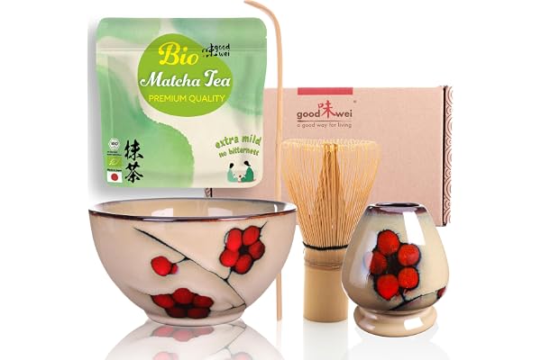 Goodwei Matcha Kit Thé Matcha BIO Japonais avec Fouet Bambou, Bol de Cérémonie en Céramique et support à fouet | Coffret cadeau (Plum)