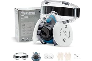 RHINO Smart Solutions Mascara de Gas Reutilizable contra Polvo y Gases | Mascarilla Pintura con Filtro P3R, Guantes, Gafas de Proteccion Bricolaje, Lijado, Construcción, Antipolvo