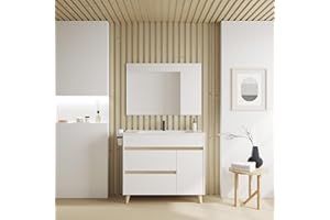 AMIZUVA - Conjunto de Mueble de Baño Kaori con 2 cajones y 1 Puerta - Anchura 100 cm - Incluye Lavabo Cerámico y Espejo - Lavabo para Baño con Acabado Blanco Brillo - Mueble Lavabo 100x85,5x46 cm
