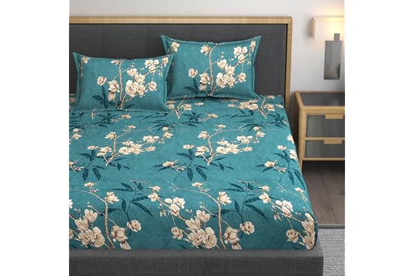 Premium Heavy Cotton Elastic Fitted Bedsheets with 2 King Size Pillow Covers Double Bed with All Around Elastic 350 TC 72 x 78 Inch King Size Fitted - Green Flower