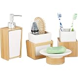 Set Accessori Bagno 5 Pezzi In Bambù E Acrilico – Porta Spazzolino, Dispenser Sapone, Scopino, Nero - 5