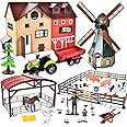 JONRRYIN Farm Animals Toys, Farm Toys with Windmill House Horse Stable Tractor Trailer Farmer Fence Cows, Farm Animal Playset, Farm Animal Figures Play Set Gifts for Kids Boys Children 3-7 Years Old