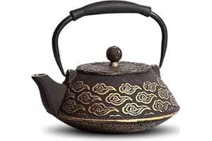 GUANGHEIRON Théière en fonte avec infuseur pour plaque de cuisson, théière japonaise pour thé et café, revêtement intérieur émaillé, poignée en silicone 800 ml, noir