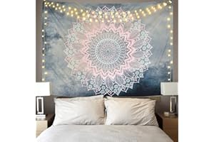 Alishomtll Tapiz de pared con diseño de mandala, diseño de loto, indio, bohemio, oriental, con flores, color gris y rosa, 150 x 210 cm