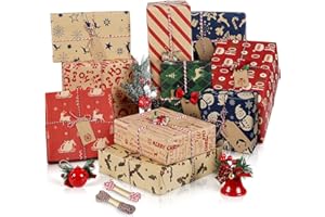 KYRALYN Christmas Wrapping Paper Sheets Xmas Gift Wrap Set, 70 * 50cm 10Sheet Luxury Traditional Red Blue Kraft Paper with Strings&Tags, Family Friends Present Decorations for Festival Holiday Party New Year