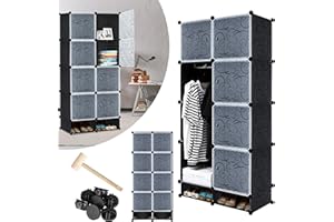 VA-Cerulean armoire à vêtements, chambre à coucher, plastique, 8 cubes, noir, porte, tringle à vêtements, étagère à chaussures, pliable et portable