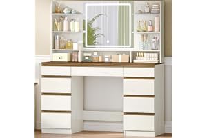Hzuaneri Stort Sminkbord med Led-Belysning, 3 FäRger, Justerbar Ljusstyrka, Sminkbord med Spegel, 9 LåDor, 9 öPpna Hyllor, Modern Stil, Vit-Silver DT41903W
