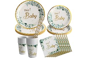 PARTYHAUSY Assiette Baby Shower,100 Pièces Vaisselle Jetables Fête Baby Decoration,Vaisselle Anniversaire Set,Papier Jetables, Gobelets, Serviettes, Pailles, pour Baby Shower Decoration