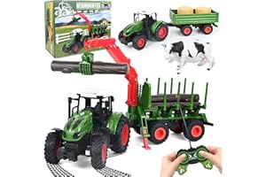 HERMORRYSS Trattore Telecomandato per Bambini 2.4ghz, Trattore Giocattolo con Rimorchio, Pinza per Legname e 4 Tronchi, Camion Agricolo Giocattoli per Bambini Di 3, 4, 5, 6, 7, 9 Anni