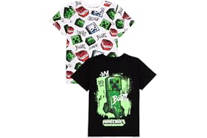 Minecraft T-Shirt 2 Pack Enfants | Garçons Filles Squelette Boom Creeper Personnages Personnages Noir Et Blanc Top | Vêtements à Manches Courtes