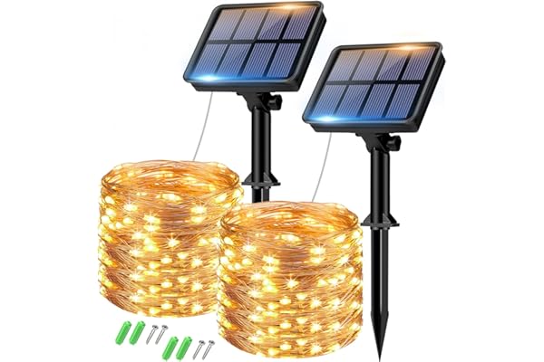 Lot de 2 Guirlande Solaire Exterieur, Totale 16m 160LED Lumineuse Étanche, 8 Modes Décoration pour Jardin Terrasse Cour Noël Mariage Fête, Blanc Chaud