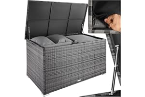 TecTake® Box Contenitore da Esterno 750L, Mobile da Giardino con Intreccio in Polyrattan, Telaio in Alluminio, Coperchio Rinforzato, Resistente ai Raggi UV, 145 x 82,5 x 79,5 cm - Grigio