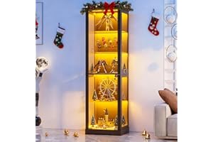 Gurexl 70.9″ Glass Display Cabinets with Lockable Glass Door and 3 Color Lights, 5 Tier Bookcase with Human Sensor and Adjustable Shelves,Floor Cabinets for Curio,Collectibles,Books,Living Room,Black