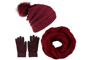 CheChury Mujer Gorras Bufanda de punto Invierno Set Sombreros Pompón Suave y Cálida Cálido Ski Calentador de Cuello Moda Guantes de Pantalla Táctil para Hombre