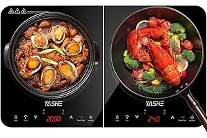 YASHE Placa de inducción- Placa de inducción de doble cara, 10 ajustes de potencia y 10 ajustes de temperatura, placa de inducción de 3500 W con 2 discos, temporizadores, bloqueo de seguridad