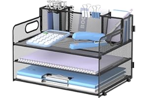 Suptidy Schreibtisch-Organizer mit 3 Etagen, mit Griff und 3 Stifthaltern, Netz-Papier-/Akten-Organizer für den Schreibtisch, Papier-Briefablage für Bürobedarf, Schwarz
