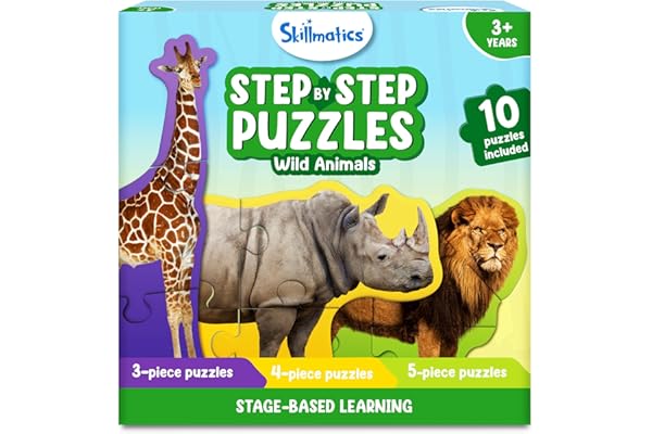 Skillmatics Step by Step Puzzles - 40 Piece Jigsaw & Toddler Puzzle, Montessori Educational Toy for Boys & Girls, Wild Animals, Travel Friendly, Gifts for Kids Ages 3, 4, 5 and Up