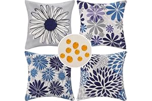 DakTou Fundas de Cojines 45x45 cm Modernas Flores Patrón Grises y Azules Fundas de Almohada Decorativos Exterior Impermeable Lino Funda Cojín Juego de 4 para Sofá Jardín Terraza Banco Al Aire Libre