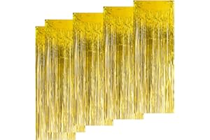 Kioneer Metallic Tinsel Curtains Gold 5 Packs 3 ft x 10 ft, Foil Fringe Curtains for Photo Backdrop Door Wall Hanging Window Curtain Party Office Decoration christmas Decoration