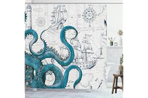 GOOESING Cool Octopus Shower Curtain Anime Nautical Shower Curtain Teal Kraken Shower Curtain Sailboat Pirate Shower Curtain Polyester Waterproof Shower Curtain 72x72 Inch…