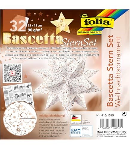 folia 325/2020 - knutselset Bascetta ster Duo hoogrood/groen, 32 vellen, 20 x 20 cm, kant-en-klare grootte van de papieren ster ca. 30 cm, met gedetailleerde instructies - ideaal voor tijdloze