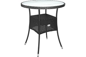 CASARIA® Round Coffee Table | Garden Table With Frosted Safety Glass Plate | Poly Rattan Outdoor Side Table | Weatherproof Patio Furniture | Balcony Bistro Cafe | 60cm | Black