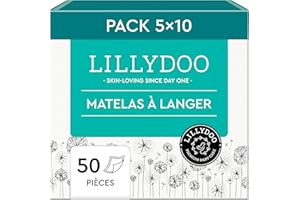 LILLYDOO Matelas à Langer Hypoallergéniques pour Bébé 60x60 cm, 50 pièces (5x10), Alèses Ultra-douces pour les Peaux Sensibles, Sans Parfum ni Lotion, Testés Dermatologiquement