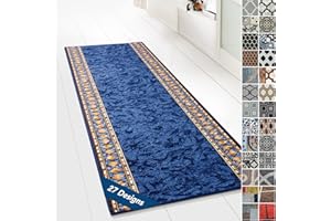 ‎FLOORDIREKT Floordirekt Teppichläufer mit Muster - maßgefertigter Feinschlingen Teppich Läufer für Küche, Flur & Wohnraum - Ornament Vintage Orient Gitter (80 x 200 cm, Rügen Blau)