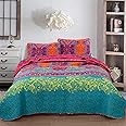 WONGS BEDDING Reversible Flower Bohemian Bedspread with 2 Pillowcases Colorful Floral Boho Pattern Bedspread Coverlet for All Season Microfiber Quilt Double Size 220x240cm