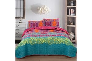 WONGS BEDDING Reversible Flower Bohemian Bedspread with 2 Pillowcases Colorful Floral Boho Pattern Bedspread Coverlet for All Season Soft Microfiber Quilt King Size 240x260cm