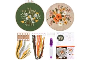 FEPITO 2 juegos de gama completa con patrón e instrucciones El kit de punto de cruz incluye 2 piezas de ropa de bordado con patrón floral, 1 pieza de aros de plástico para bordar, 1 pieza de tijera