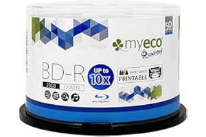 SMARTBUY 50 Pack Myeco Bd-r BDR Blu-ray 25gb Upto 10x White Inkjet Hub Printable Blank Data Recordable Media Disc with Cakebox/Spindle Packing