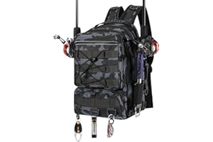 MoKo Angeln Rucksack Sling Bag mit Rod & Gear Holder, Nylon wasserdicht Fishing Tackle Storage Bag für Camping, Wandern, Jagen, Männer Vater, Graue Tarnung