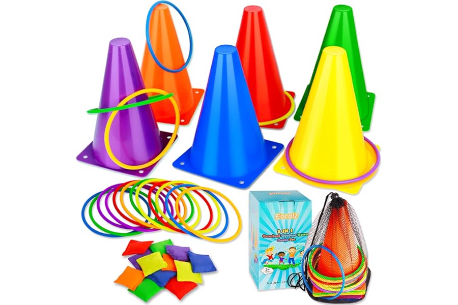 Eocolz 3 in 1 Carnival Games Set, Soft Plastic Cones Bean Bags Ring Toss Games for Kids Birthday Party Outdoor Games Supplies 32 Pcs Combo Set