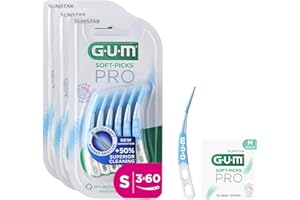 Bâtonnets interdentaires GUM SOFT-PICKS PRO | forme incurvée pour un accès facile aux zones difficiles d'accès | action douce pour les gencives sensibles | [S - 3x60] (+1 bonus offert)