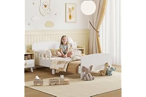 AIYAPLAY Toddler Bed, Kids Bed Frame with Safety Side Rails for Girls and Boys, Kids Bedroom Furniture for Ages 3-8 Years, White
