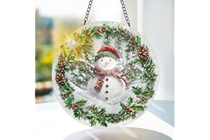 Bimkole Snowman Stained Glass Suncatcher Window Hanging - Christmas Indoor Window or Doorway Decoration - Handmade Sun Catcher Decor for Garden Home Christmas & Birthday Gifts 7.87x7.87 inch