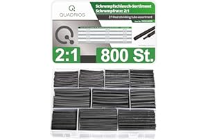 QUADRIOS GmbH | 800 Stück Schrumpfschlauch Set | Schrumpfrate 2:1 | Schrumpfschläuche 1,5mm bis 12mm, Industriequalität, Halogenfrei, KFZ-geeignet, Verschiedene Größen, Schwarz